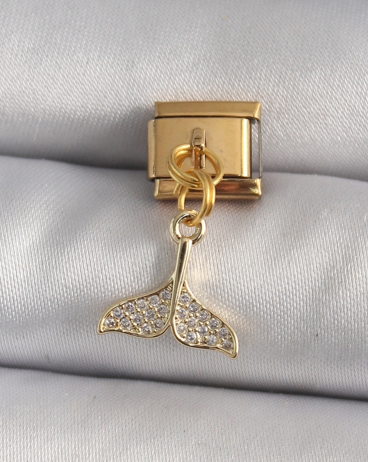316L Çelik Gold Renk Sallantı Zirkon Taşlı Balık Kuyruğu Figür Nomination Charm