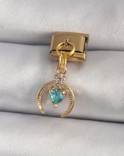 316L Çelik Gold Renk Sallantı Zirkon Taşlı Hilal Model Mavi Zirkon Taşlı Kalp Detay Nomination Charm