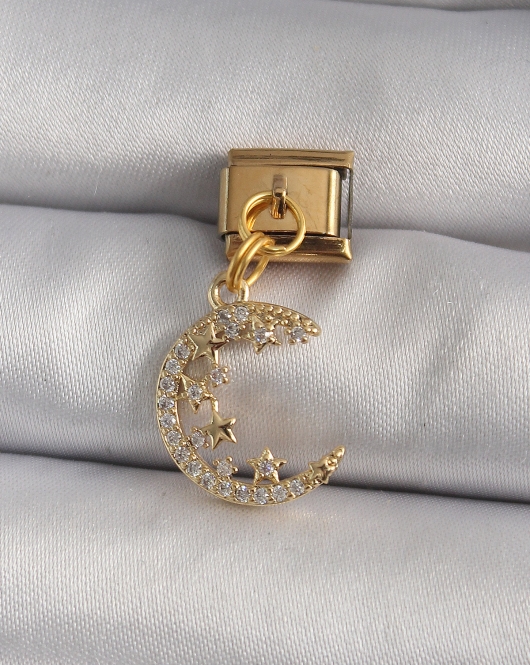 316L Çelik Gold Renk Sallantı Zirkon Taşlı Hilal Model Nomination Charm