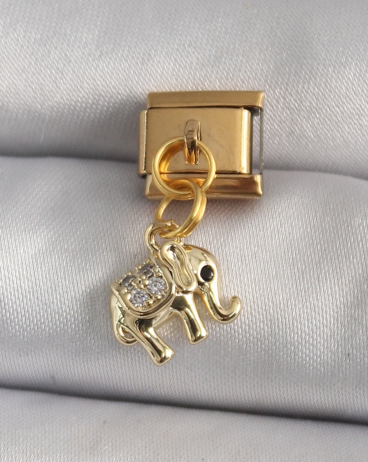 316L Çelik Gold Renk Sallantı Zirkon Taşlı Fil Model Nomination Charm