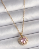 316L Çelik Gold Renk Zincir Pembe Zirkon Taşlı Kalp Model Kadın Kolye