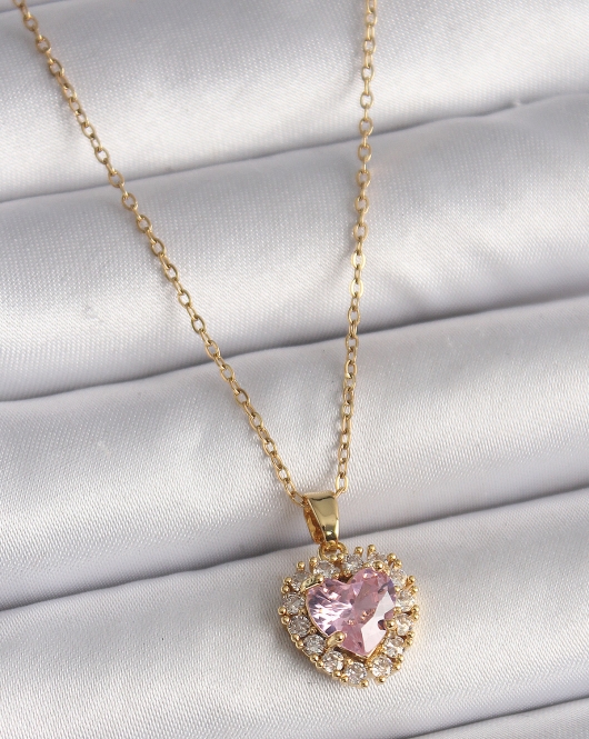 316L Çelik Gold Renk Zincir Pembe Zirkon Taşlı Kalp Model Kadın Kolye