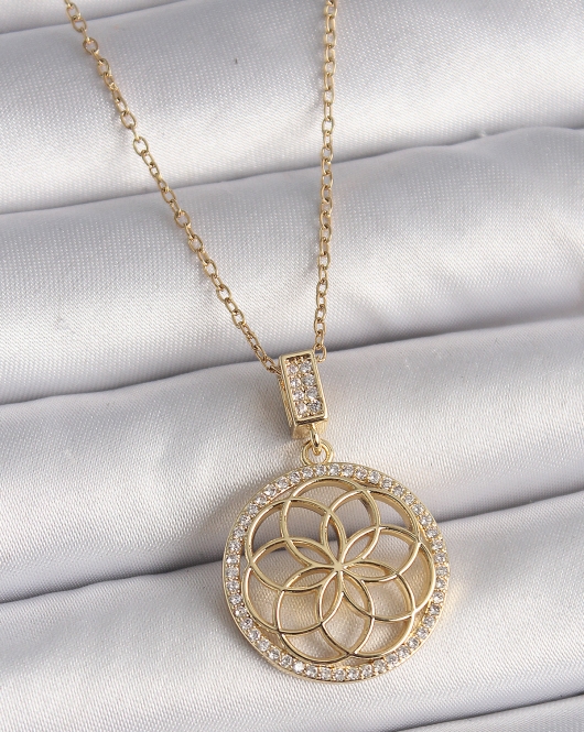 316L Çelik Gold Renk Zincir Zirkon Taşlı Lotus Model Kadın Kolye