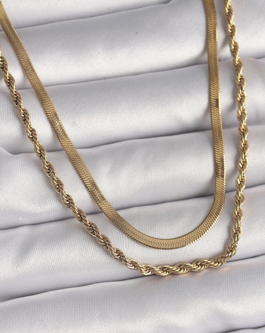 316L Çelik Gold Renk Çift Zincir İtalyan&Burgu Zincir Model Kadın Kolye