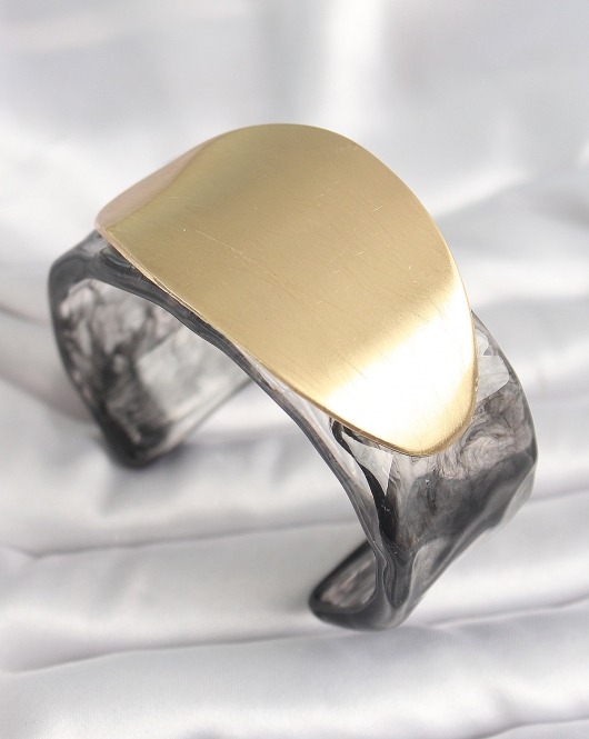 Siyah Mermer Desen Akrilik Plastik Gold Oval Plaka Model Vintage Kadın Bilezik