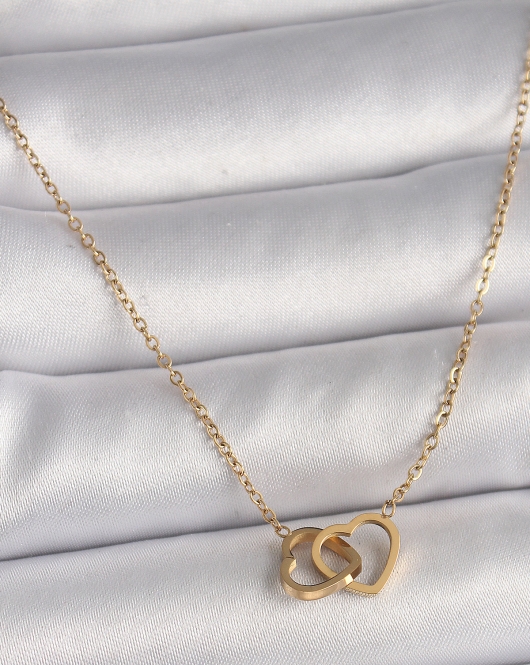 316L Çelik Gold Renk Zincir Birleşik Kalp Model Kadın Kolye