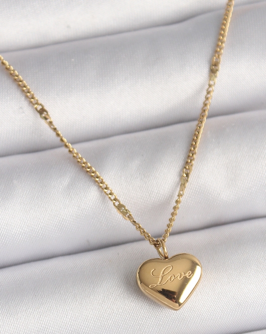 316L Çelik Gold Renk Zincir Love İşlemeli Kalp Figür Kadın Kolye