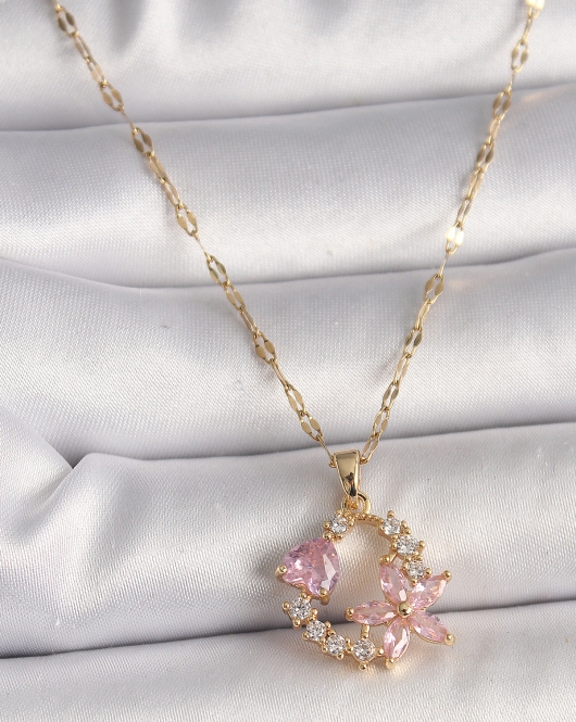 316L Çelik Gold Renk Zincir Pembe Zirkon Taşlı Çiçek Figür Kalp Detay Kadın Kolye