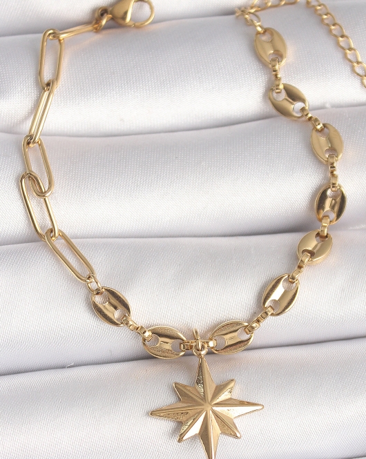 316L Çelik Gold Renk Arpa Zincir Model Sallantı Kutup Yıldız Figür Kadın Bileklik