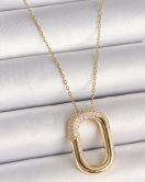 316L Çelik Gold Renk Zirkon Taşlı Oval Model Kadın Kolye
