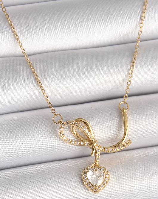 316L Çelik Gold Renk Zincir Zirkon Taşlı Düğüm Sallantı Kalp Model Kadın Kolye