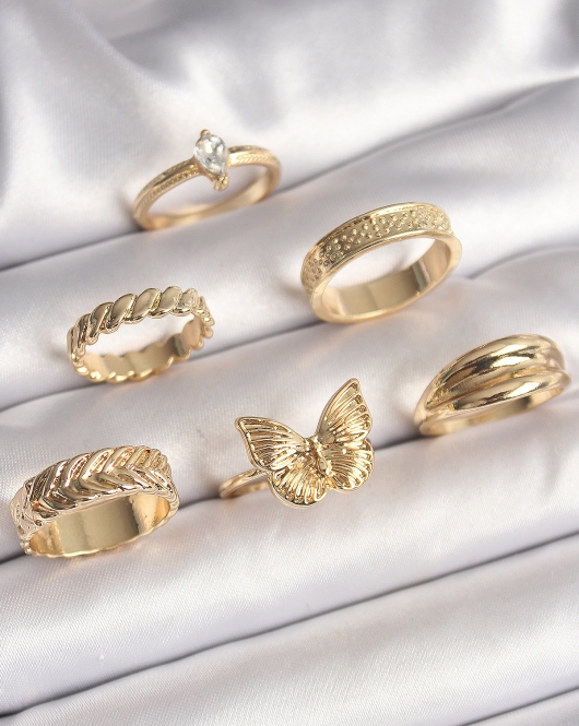 Pirinç Gold Renk Zirkon Taşlı İşleme Detaylı Kelebek Figürlü 6'Lı Kadın Yüzük Seti