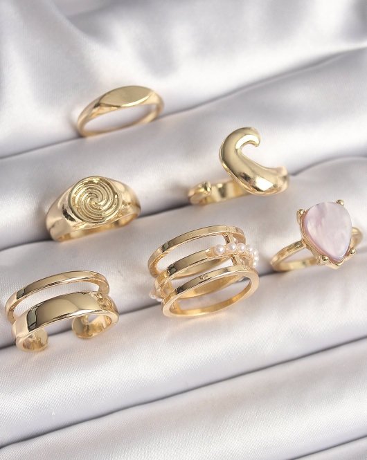 Pirinç Gold Renk Pembe Damla Mineli Sarmal İşleme Detaylı 6'Lı Kadın Yüzük Seti