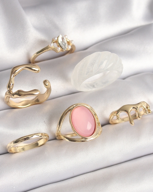 Pirinç Gold Renk Zirkonlı Oval Pembe Mineli 6'Lı Kadın Yüzük Seti