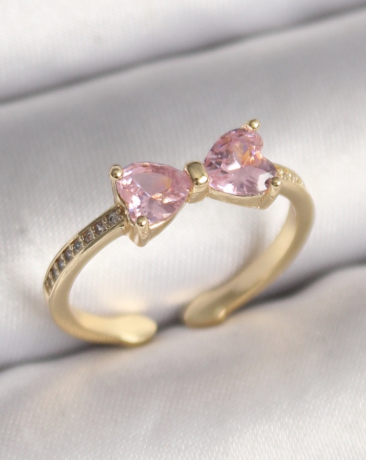 Pirinç Gold Renk Pembe Zirkon Taşlı Kalp Fiyonk Model Kadın Yüzük
