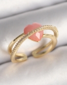 Pirinç Gold Renk Pembe Kristal Kalp Model Zirkon Taş Detaylı Kadın Yüzük