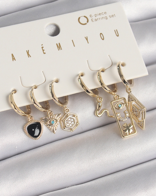 Pirinç Gold Renk Zirkon Taşlı Çoklu Sallantı Figür VIP Seri Kadın Küpe Seti