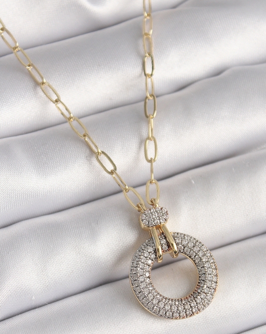 Pirinç Gold Renk Zirkon Taşlı Madalyon Model Kadın Kolye
