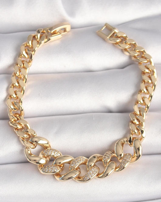 Pirinç Gold Renk Zirkon Taşlı Kalın Halka Model Kadın Bileklik