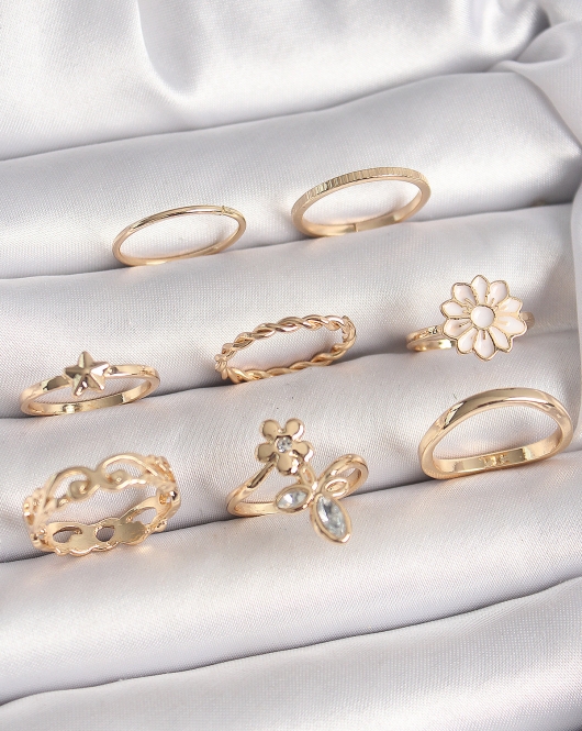 Pirinç Gold Renk Çiçek Model Zirkon Taş Detay Kadın Yüzük Kombini