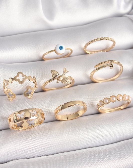 Pirinç Gold Renk Nazar Boncuk Model Kuş Detay Kadın Yüzük Kombini