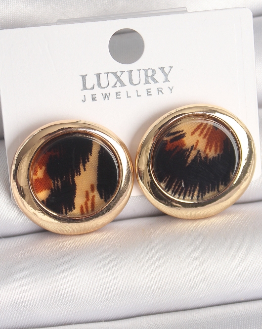 Pirinç Gold Renk Leopar Desen Daire Model Kadın Küpe