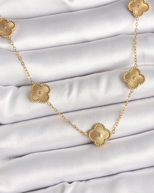 316L Çelik Gold Renk Zincir İşlemeli Yonca Model Kadın Kolye