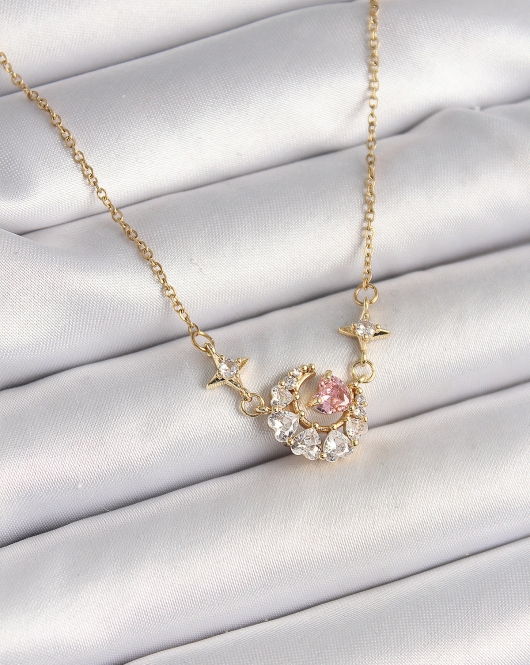 316L Çelik Gold Renk Zirkon Taşlı Hilal Pembe Kalp Model Kadın Kolye