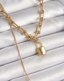 316L Çelik Gold Renk Tiffany Zincir Model Kilit Figür Sallantı İnci Detay Kadın Kolye