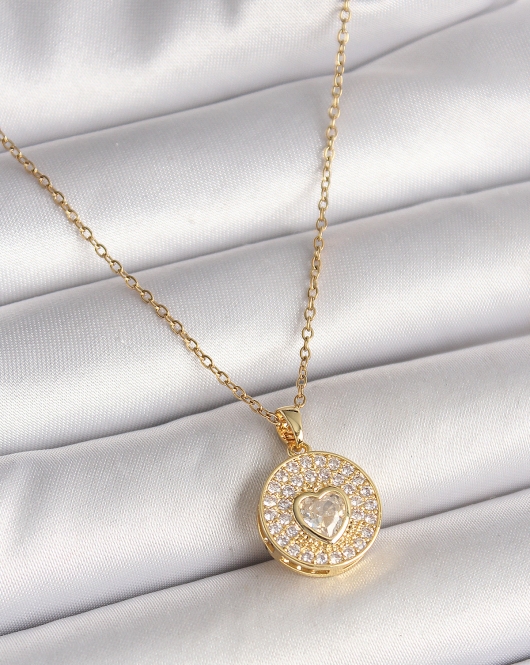 316L Çelik Gold Renk Zincir Madalyon Zirkon Taşlı Kalp Model Kadın Kolye