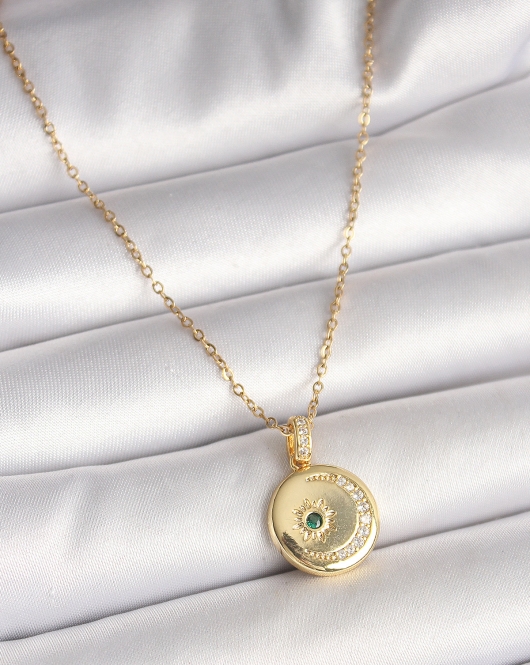 316L Çelik Gold Renk Zincir Zirkon Taş İşlemeli Hilal Yıldız İşlemeli Madalyon Model Kadın Kolye