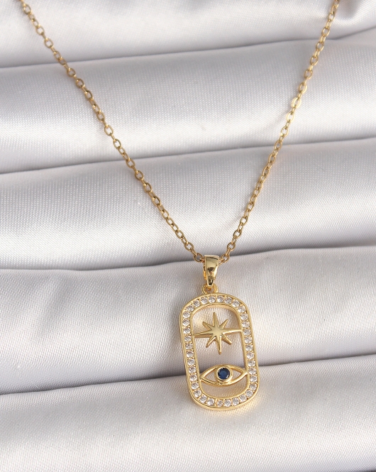 316L Çelik Gold Renk Zincir Zirkon Taşlı Göz Yıldız Model Kadın Kolye