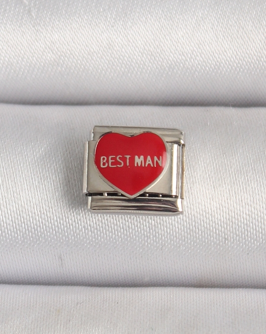 316L Çelik Gümüş Renk 'Best Man' Yazılı Kırmızı Kalp İşlemeli Nomination Charm