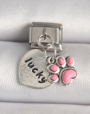 316L Çelik Gümüş Renk Pembe Pati 'lucky' İşlemeli Kalp Model Nomination Charm