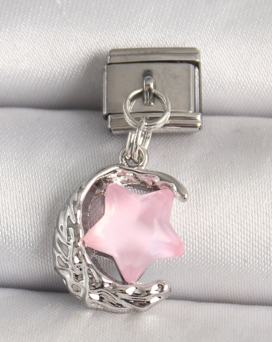 316L Çelik Gümüş Renk Hilal Pembe Mineli Yıldız Model Nomination Charm