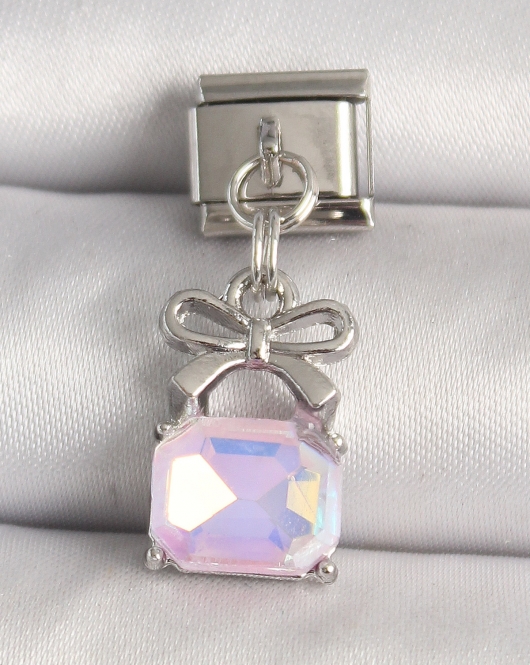 316L Çelik Gümüş Renk Pembe Zirkon Taşlı Çanta Model Nomination Charm