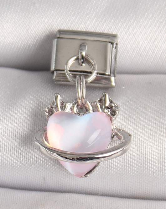316l Çelik Gümüş Renk Pembe Mineli Kalp Model Nomination Charm