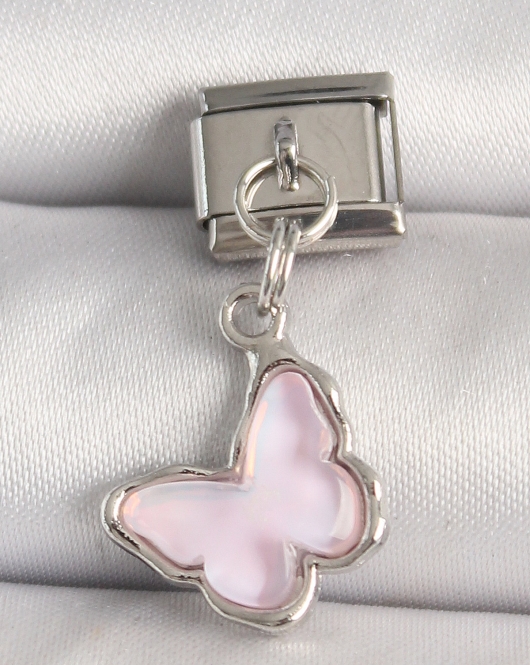 316L Çelik Gümüş Renk Pembe Kelebek Model Nomination Charm