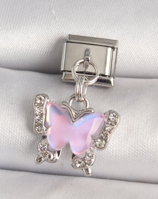 316L Çelik Gümüş Renk Zirkon Taşlı Pembe Kelebek Model Nomination Charm