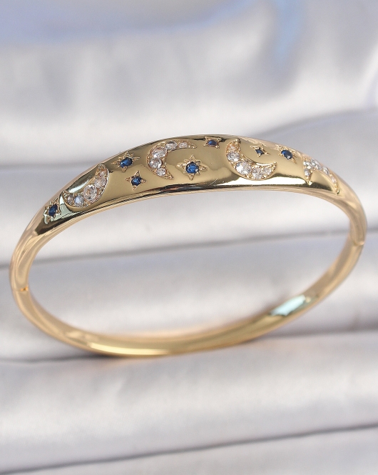 Pirinç Gold Renk Zirkon Taşlı Hilal İşleme Mavi Taşlı Yıldız Detay Kadın Kelepçe