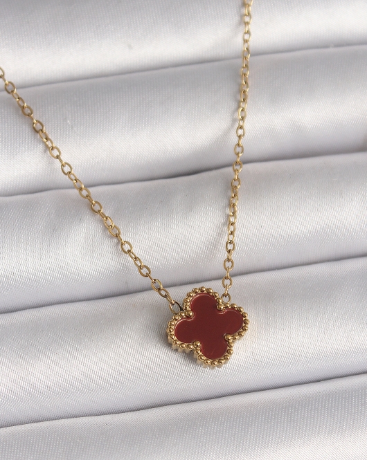 316L Çelik Gold Renk Bordo Yonca Model Kadın Kolye