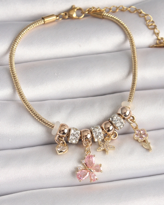 Pirinç Gold Renk Sallantı Pembe Zirkon Taşlı Kelebek Figür Çiçek Detay Charm Kadın Bileklik