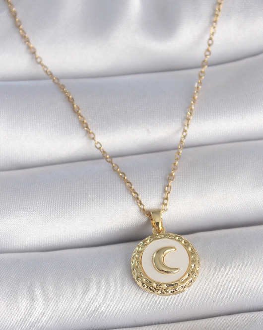316L Çelik Gold Renk Zincir Beyaz Mineli Hilal İşlemeli Madalyon Model Kadın Kolye