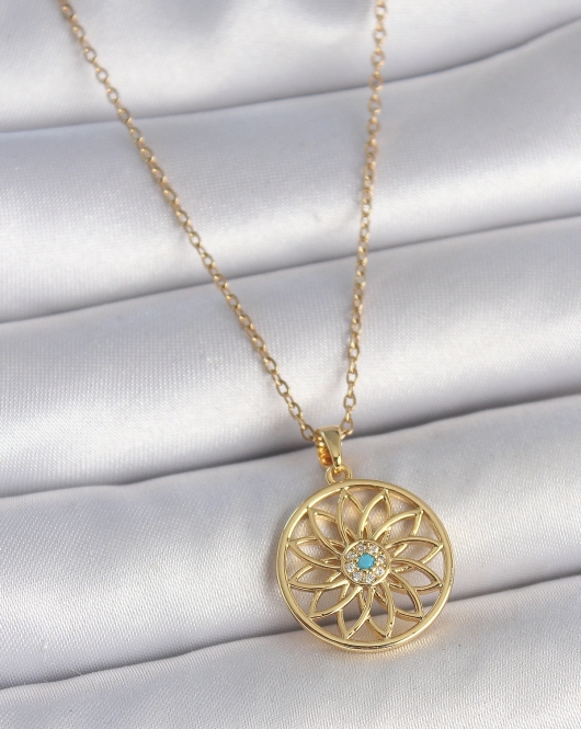 316L Çelik Gold Renk Zincr Mavi Taşlı Lotus Model Kadın Kolye