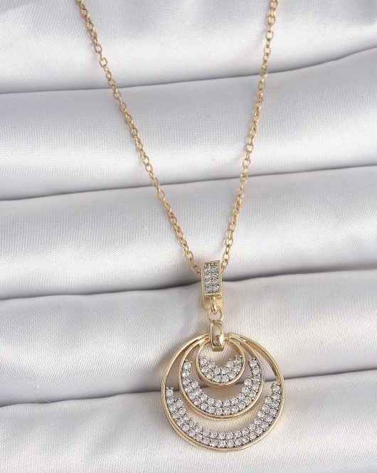 316L Çelik Gold Renk Zirkon Taşlı Madalyon Model Kadın Kolye