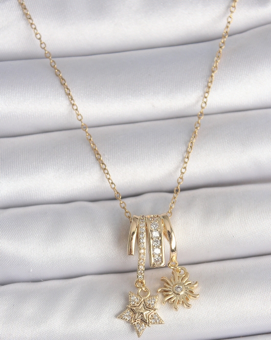 316L Çelik Gold Renk Sallantı Zirkon Taşlı Yıldız Güneş Figür Charm Kadın Kolye