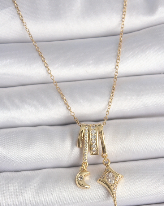 316L Çelik Gold Renk Zirkon Taşlı Sallantı Ay Yıldız Figür Charm Kadın Kolye