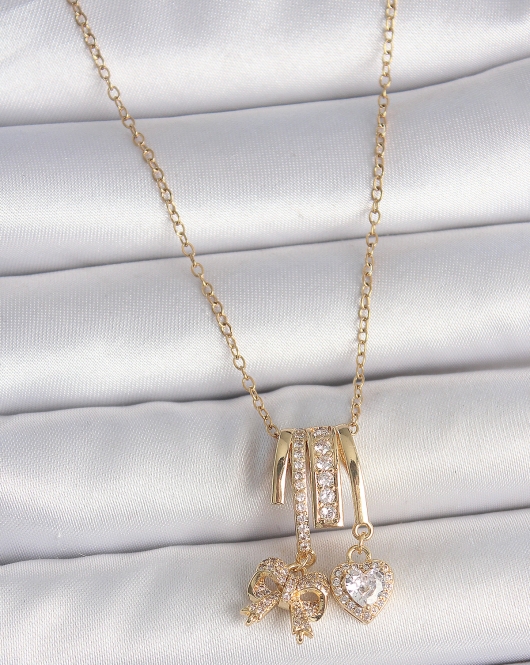 316L Çelik Gold Renk Sallantı Fiyonk Kalp Figür Charm Kadın Kolye