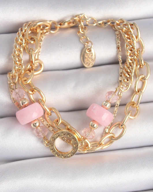 Pirinç Gold Renk Çoklu Pembe Taşlı Kadın Bileklik