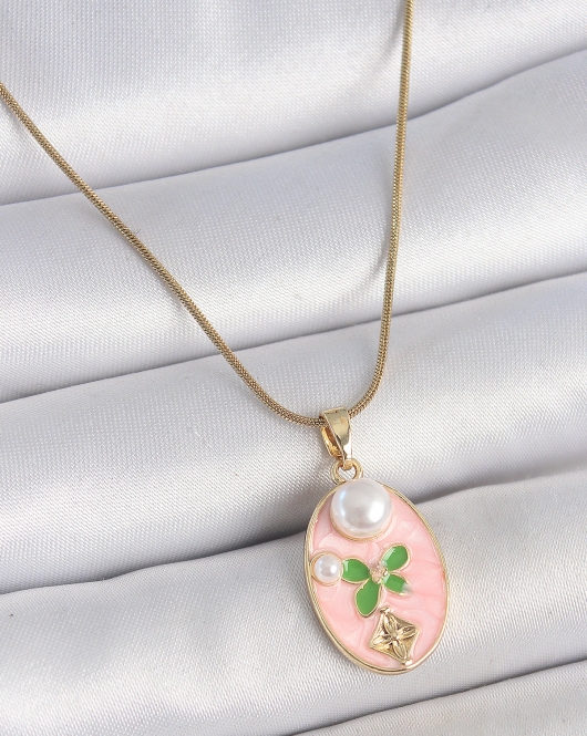 316L Çelik Gold Renk Zincir Pembe Mineli Oval İncili Çiçek İşlemeli Portre Model Kadın Kolye